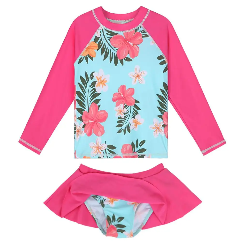 Cyan Floral Girls Swimwear Long Sleeve Kids Rash guards Set with Swim Skirt Children's Swimwear Beach Bathing Suit Girl