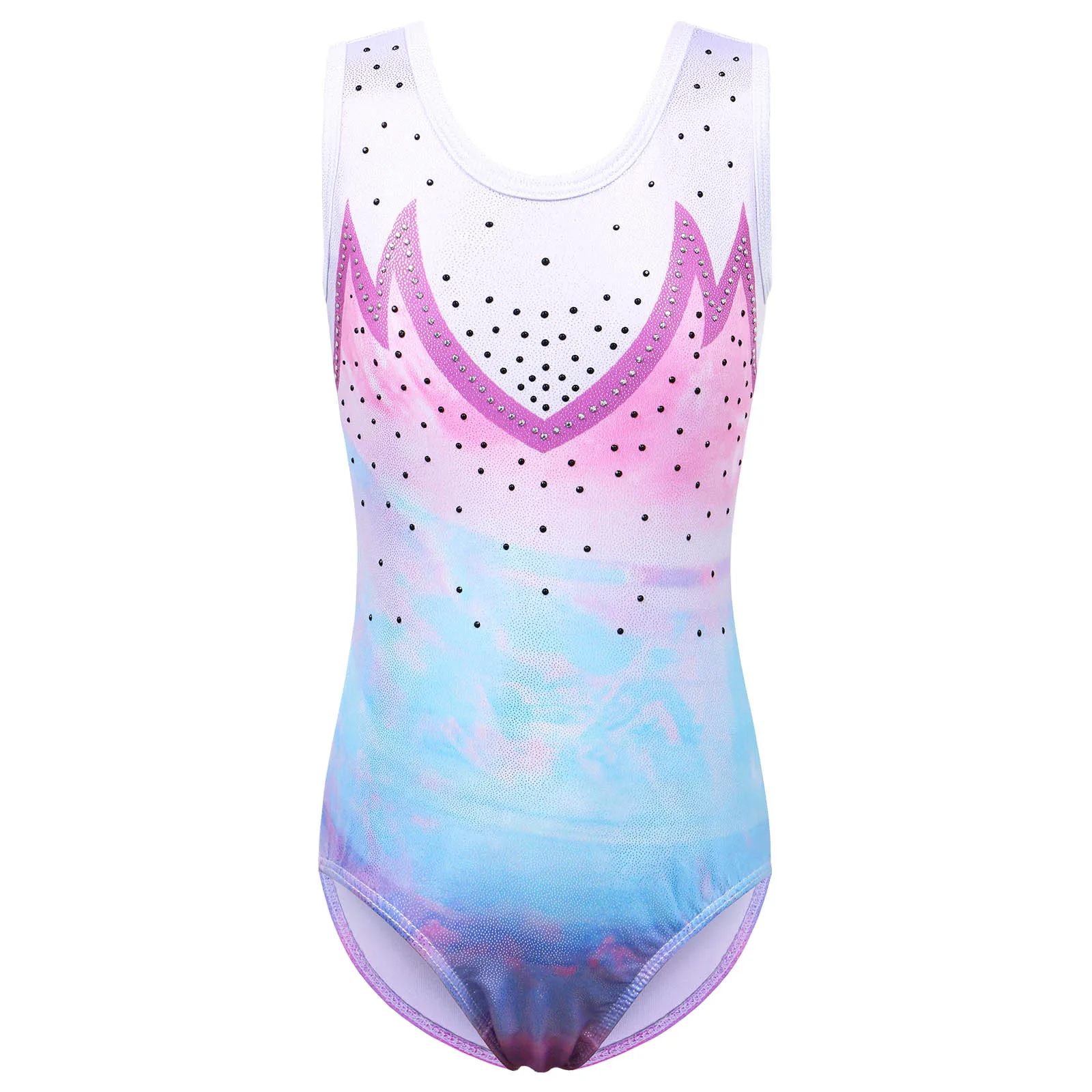 Girls Gymnastics Leotard Teens Gradient Color Ballet Dance Wear Sleeveless Sequin Bodysuit Practice Outfit Jumpsuit
