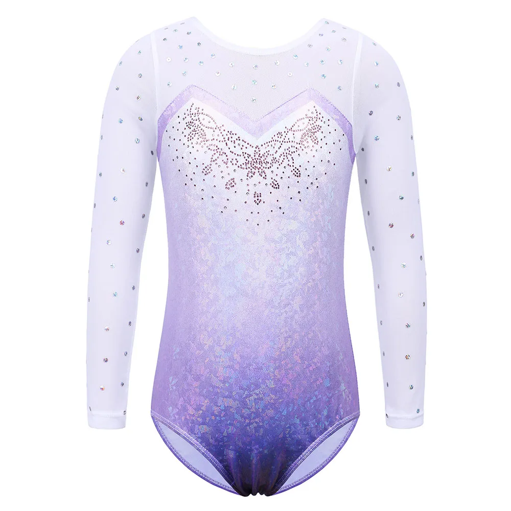 Long Sleeve Mesh Patchwork Leotards for Girls Toddler Kids Diamond Gymnastics Jumpsuit Bodysuit Teens Gymnastics Clothes