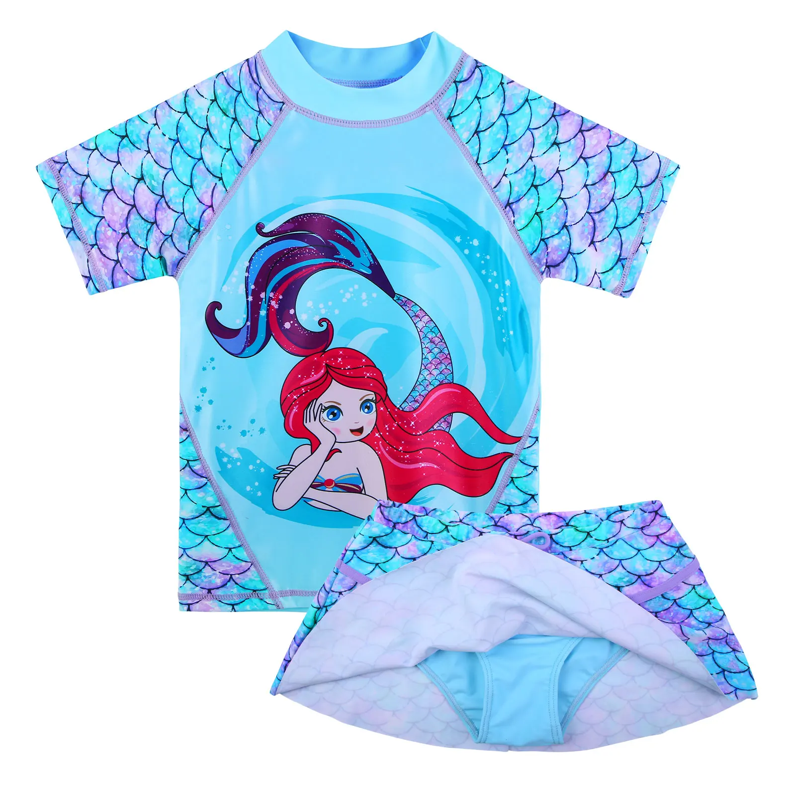 Girls Swimsuit Two Pieces Swimming Set Short Sleeve Swimwear Summer UV 50+ Protective Beach Costume Surfing Suit